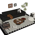 Black Leather Sofa Coffee Table Set With Round Wooden Top Accent Chair And Geometric Rug