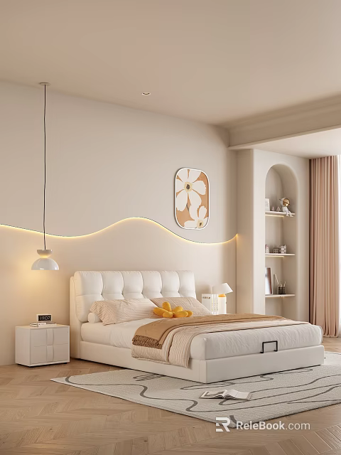 White Upholstered Double Bed with Beige Wall Wavy LED Strip Floral Painting Nightstand and Curtains 3d model 