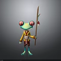 Cartoon Frog Character With Big Red Eyes Blue Body Yellow Red Outfit And Spear