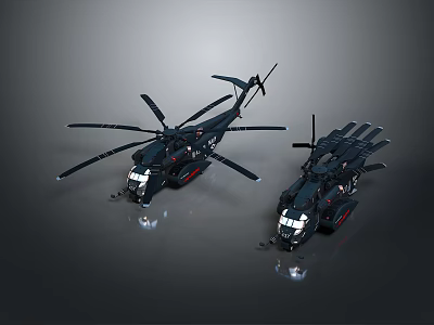 Two Black Helicopter Models Featuring Multiple Rotors And Headlights On Reflective Surface 3d model