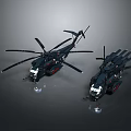 Two Black Helicopter Models Featuring Multiple Rotors And Headlights On Reflective Surface 3d model