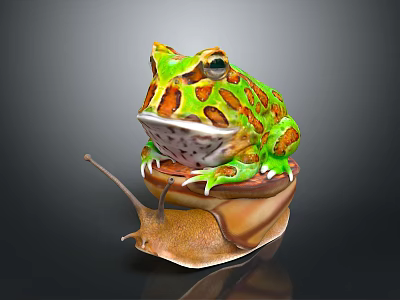Vibrant Green Orange Spotted Reptile Frog Resting On Brown Snail Shell 3d model
