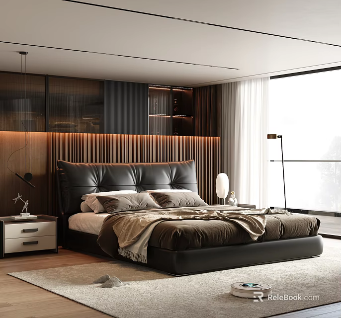 Modern Leather Double Bed With Vertical Slat Headboard In Bright Bedroom Interior 3d model 