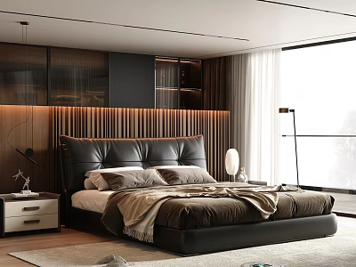 Modern Leather Double Bed With Vertical Slat Headboard In Bright Bedroom Interior 3d model