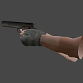 Hand Holding Black Pistol With Green Gloves And Smoke From Muzzle On Gray Background