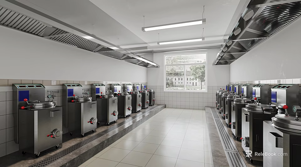 Neatly Arranged Commercial Kitchen Interior With Stainless Steel Equipment Tile Walls And Natural Lighting 3d model 