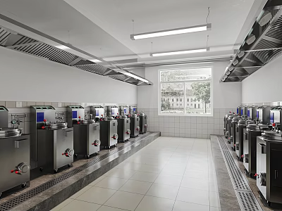 Neatly Arranged Commercial Kitchen Interior With Stainless Steel Equipment Tile Walls And Natural Lighting 3d model
