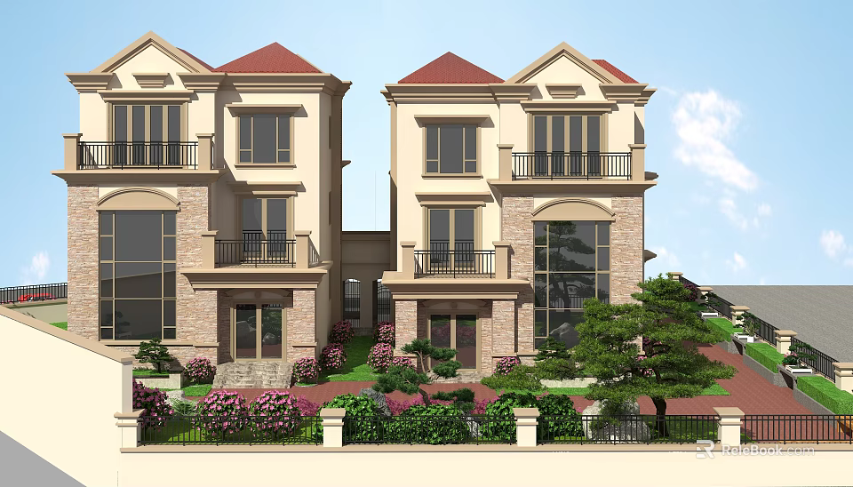 Classic Detached Villa Exterior With Red Roof Balconies Stone Walls Green Plants And Flower Shrubs 3d model 