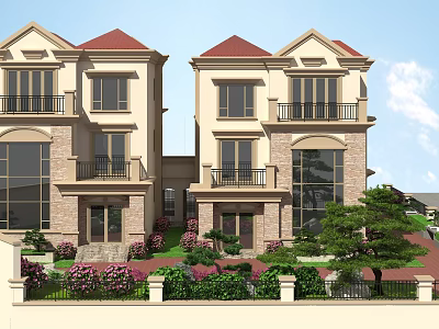 Classic Detached Villa Exterior With Red Roof Balconies Stone Walls Green Plants And Flower Shrubs 3d model