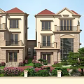 Classic Detached Villa Exterior With Red Roof Balconies Stone Walls Green Plants And Flower Shrubs
