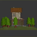 Traditional Wooden House with Orange Roof Surrounded by Green Trees and Small Yard