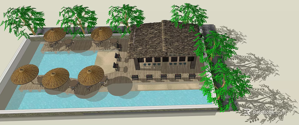 Outdoor Restaurant With Thatch Roof Poolside Palm Trees And Umbrella Seating 3d model 