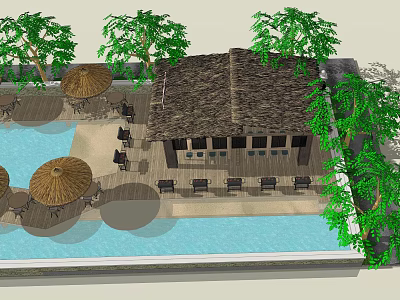 Outdoor Restaurant With Thatch Roof Poolside Palm Trees And Umbrella Seating 3d model