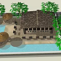 Outdoor Restaurant With Thatch Roof Poolside Palm Trees And Umbrella Seating