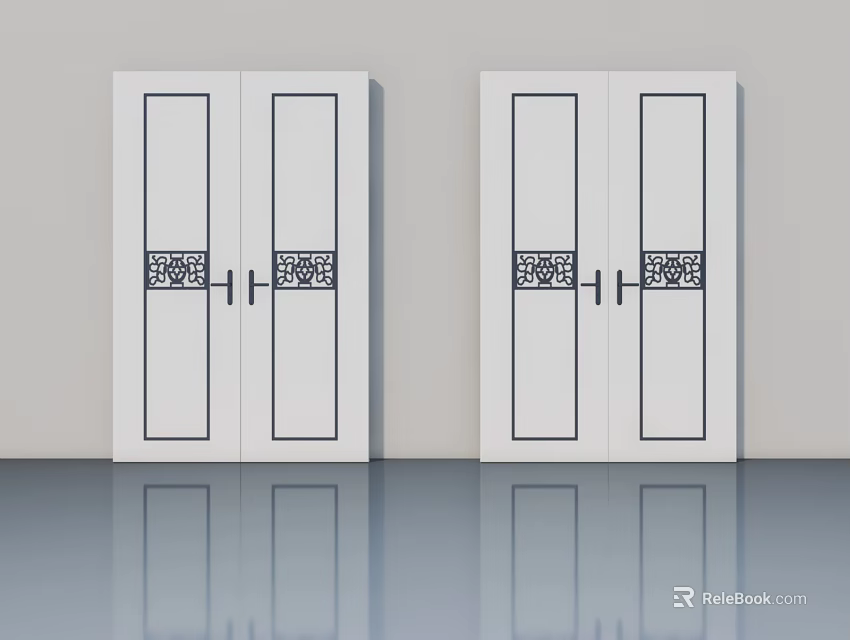 White Swing Doors With Decorative Patterns And Black Accents For Interior Use 3d model