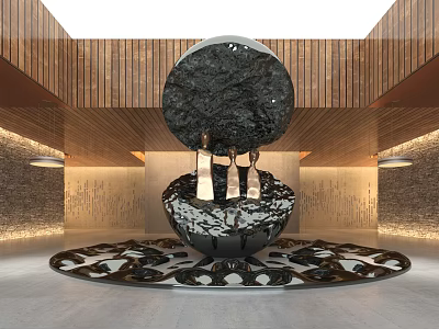 Modern Exhibition Hall Interior With Large Black Sculpture Wooden Ceiling And Stone Walls 3d model