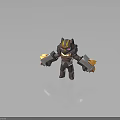 Cartoon Creature Character With Brown Body Yellow Stripes Red Eyes And Muscular Armor Like Arms