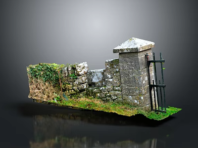 Ancient Stone Wall Structure With Iron Gate Ivy And Green Grass 3d model