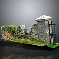 Ancient Stone Wall Structure With Iron Gate Ivy And Green Grass 3d model