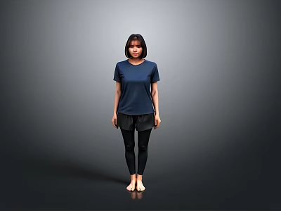 A Woman Standing Barefoot in Blue T-Shirt and Black Pants Against Gray Background 3d model