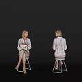 Woman Wearing White Printed Shirt Beige Pants With White Handbag Sitting Standing On Black Background