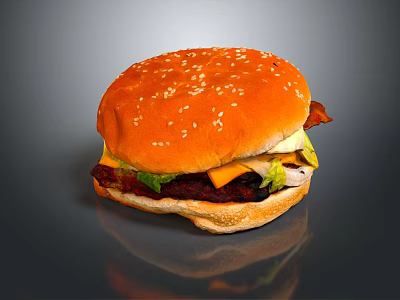 Juicy Hamburger With Sesame Seed Bun Beef Patty Cheese And Lettuce 3d model