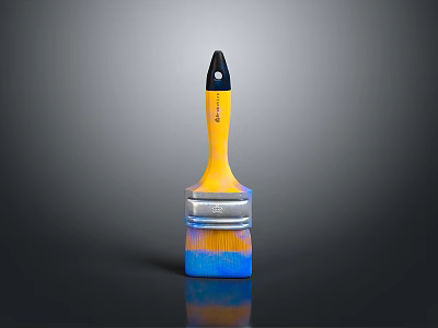 Colorful Household Paintbrush With Yellow Handle Blue Yellow Bristles Black Tip And Silver Metal Part 3d model
