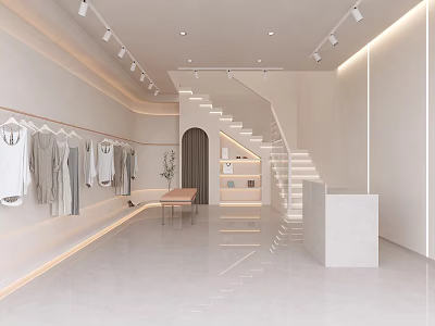 Minimalist Clothing Store Interior With Hanging Clothes Staircase And Display Counter 3d model