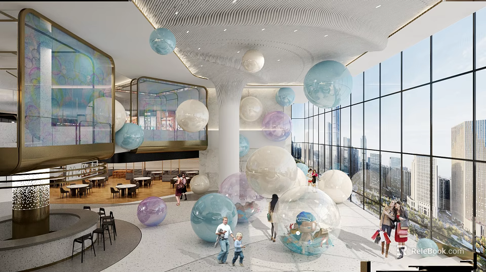 Vibrant Leisure Area With Colorful Hanging Balloons Large Windows And Open Space 3d model 