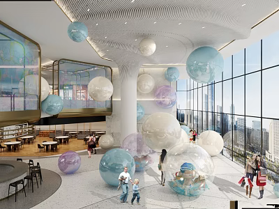 Vibrant Leisure Area With Colorful Hanging Balloons Large Windows And Open Space 3d model