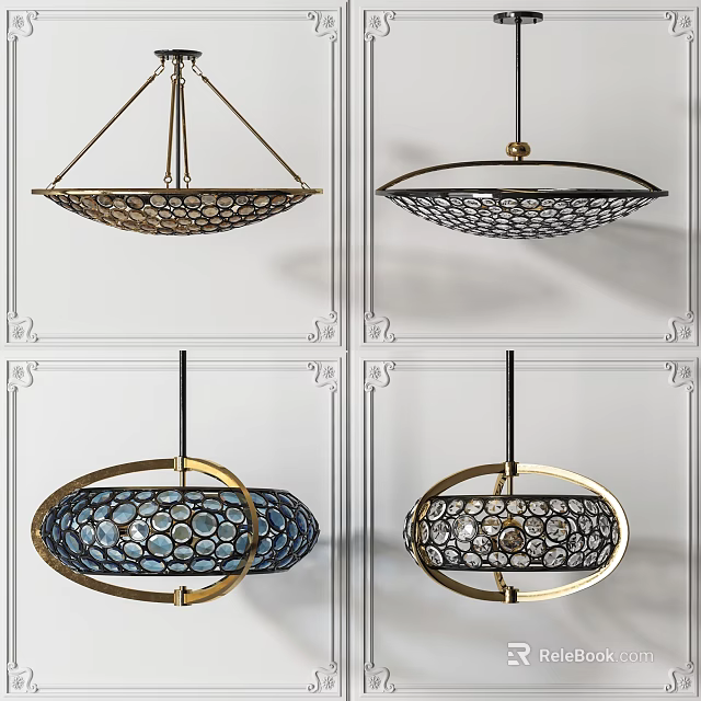 Modern Chandeliers With Metal Frame And Decorative Circular Accents In Gold Black Blue 3d model 