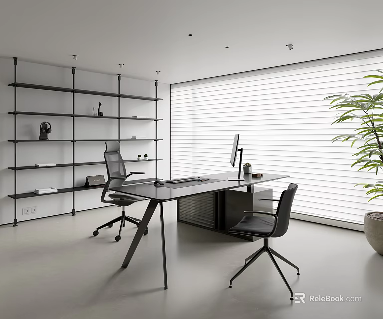 Modern Office Interior Design With Black Shelves Desk Chairs Computer Monitor Blinds And Green Plant 3d model 