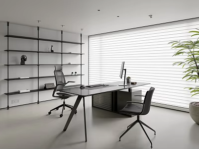 Modern Office Interior Design With Black Shelves Desk Chairs Computer Monitor Blinds And Green Plant 3d model
