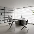 Modern Office Interior Design With Black Shelves Desk Chairs Computer Monitor Blinds And Green Plant