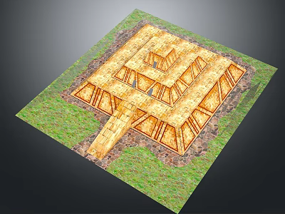 Ancient Square Tower Multi Level Stone Brick Structure With Grass Surrounding And Entrance Steps 3d model