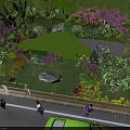 Lush Park Landscape With Green Lawn Purple Pink Flowers Large Rock And Trees