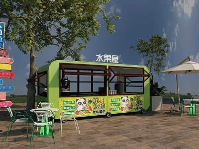 Green Fruit House Food Cart With Panda Designs Tables Chairs And Umbrella 3d model