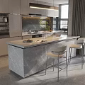 Modern Kitchen Interior Design With Marble Island Countertop Cabinets And White Chairs