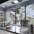 Modern Home Balcony With Large Glass Windows Wooden Flooring Kids Table And Chairs Green Plants