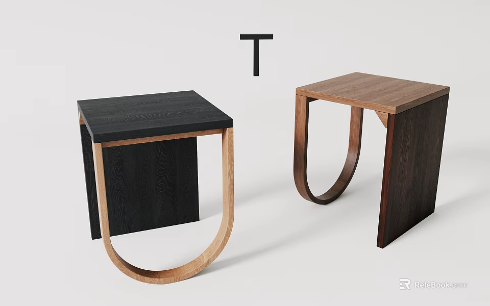 Two Stylish Wooden Side Tables With U Shaped Frame In Black And Brown 3d model 