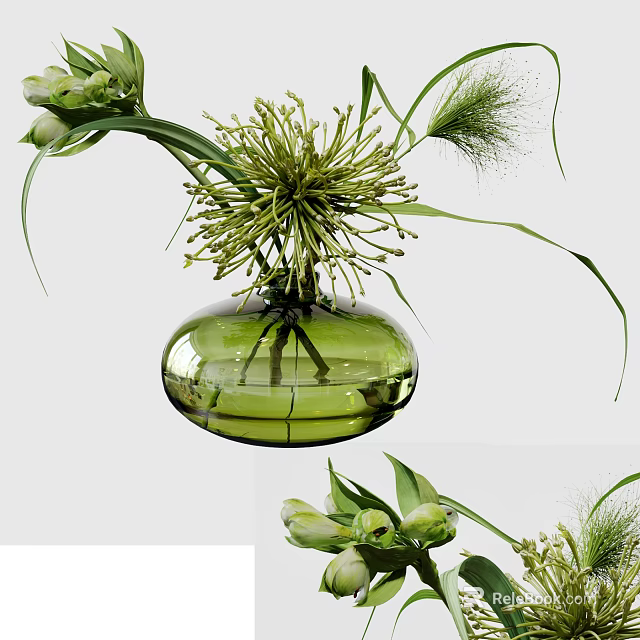 Elegant Green Glass Vase With Spiky Flowers And Grassy Stems Arrangement 3d model 