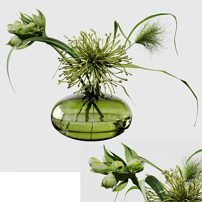 Elegant Green Glass Vase With Spiky Flowers And Grassy Stems Arrangement 3d model