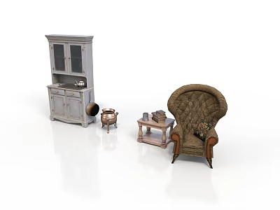 Vintage Living Room Interior With Wooden Cabinet Armchair And Side Table Decorative Ornament 3d model