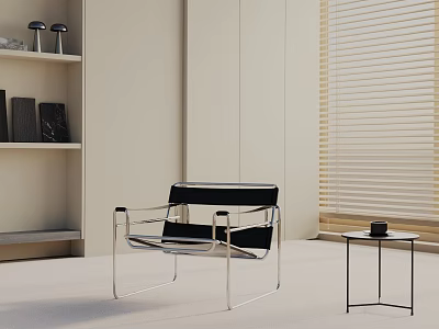 Black Accent Chair With Metal Frame Near Small Side Table Light Colored Walls And Blinds 3d model
