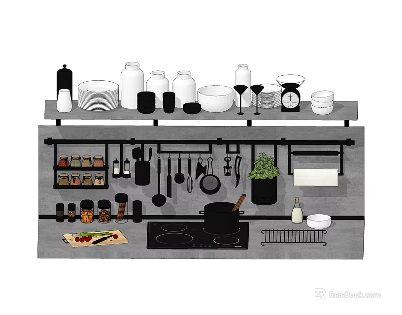 Organized Kitchen Utensils On Shelves With Pans Spatulas Spice Jars And Measuring Cups 3d model 