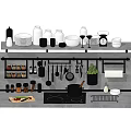 Organized Kitchen Utensils On Shelves With Pans Spatulas Spice Jars And Measuring Cups