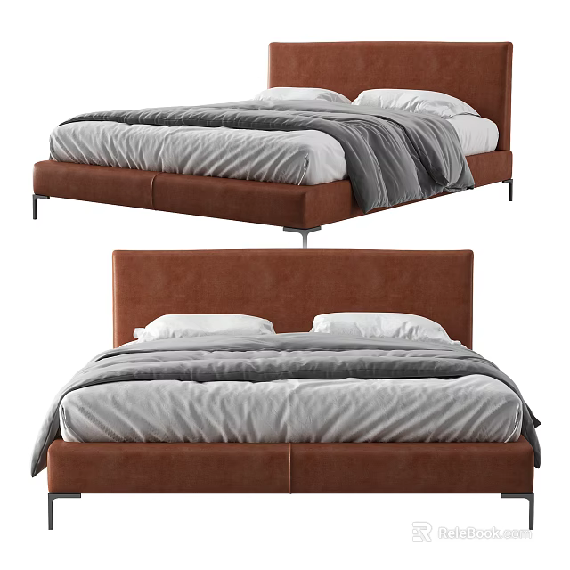 Modern Double Bed With Brown Upholstered Headboard And Gray White Bedding 3d model