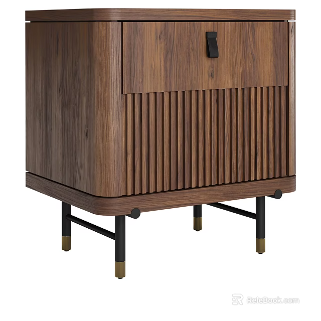 Modern Walnut Wood Nightstand With Fluted Panel And Black Metal Legs For Cozy Bedroom Decor 3d model 