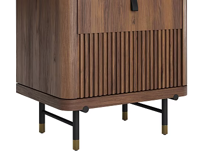 Modern Walnut Wood Nightstand With Fluted Panel And Black Metal Legs For Cozy Bedroom Decor 3d model