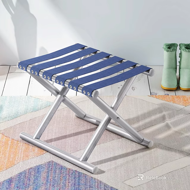 Folding Blue Stool With Metal Frame Design On Colorful Rug With Green Boots 3d model 
